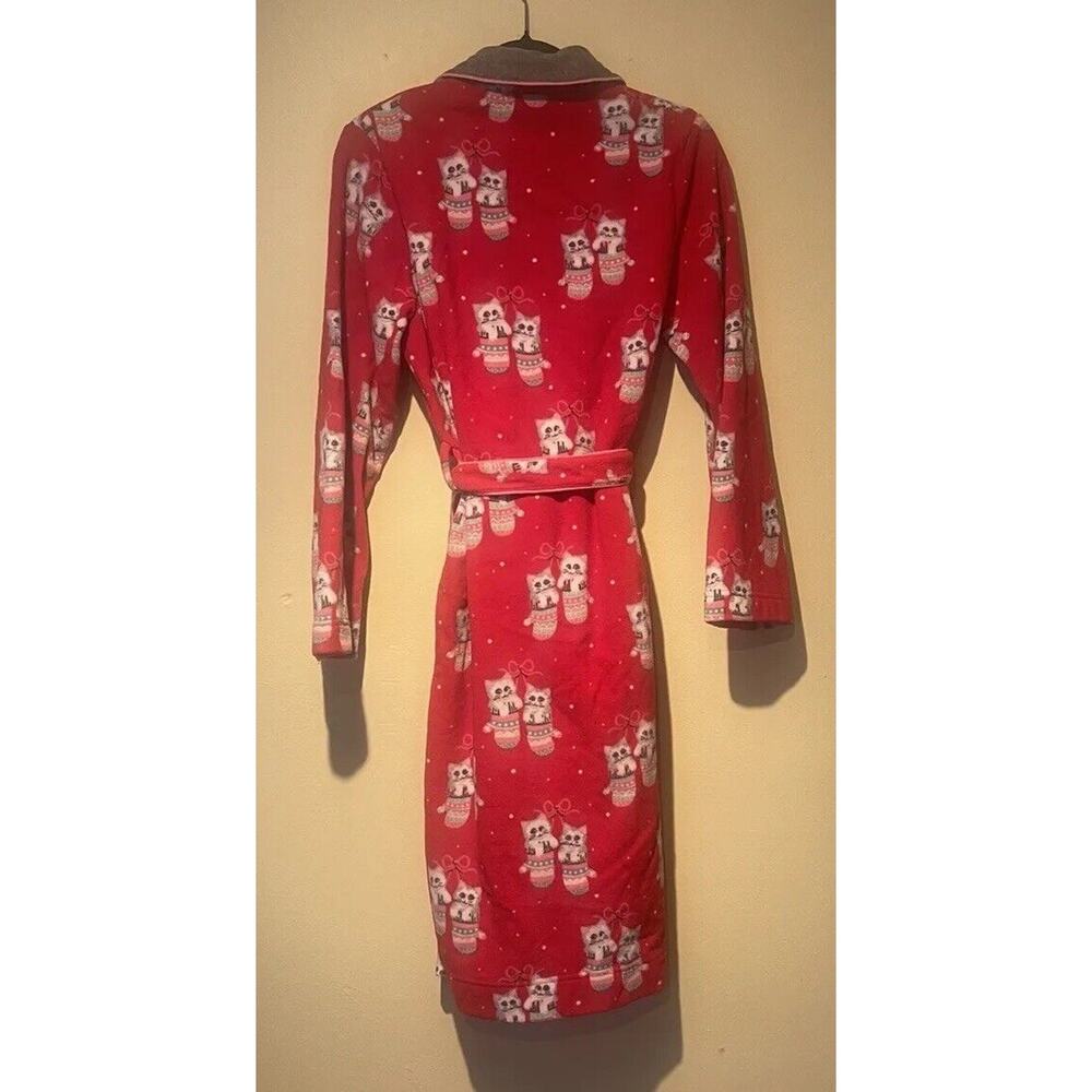 Nick & Nora Red Lined‎ Fleece Wrap Tie Knee length Robe KITTENS in MITTENS XS/S - Picture 2 of 5
